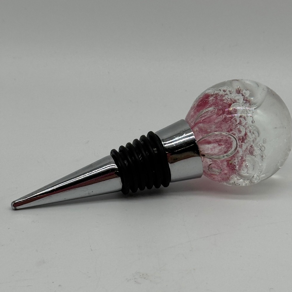 Vintage Studio Art Glass Controlled Bubble Pink Floral Wine Bottle Stopper 4.25"